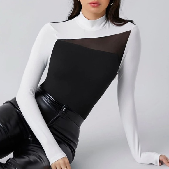 Tops - Privé Mock Neck Contrast Mesh Colorblock Tee